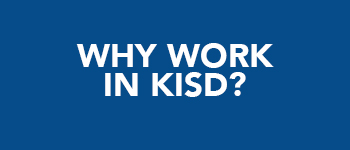why work in kisd in white text on a blue rectangle