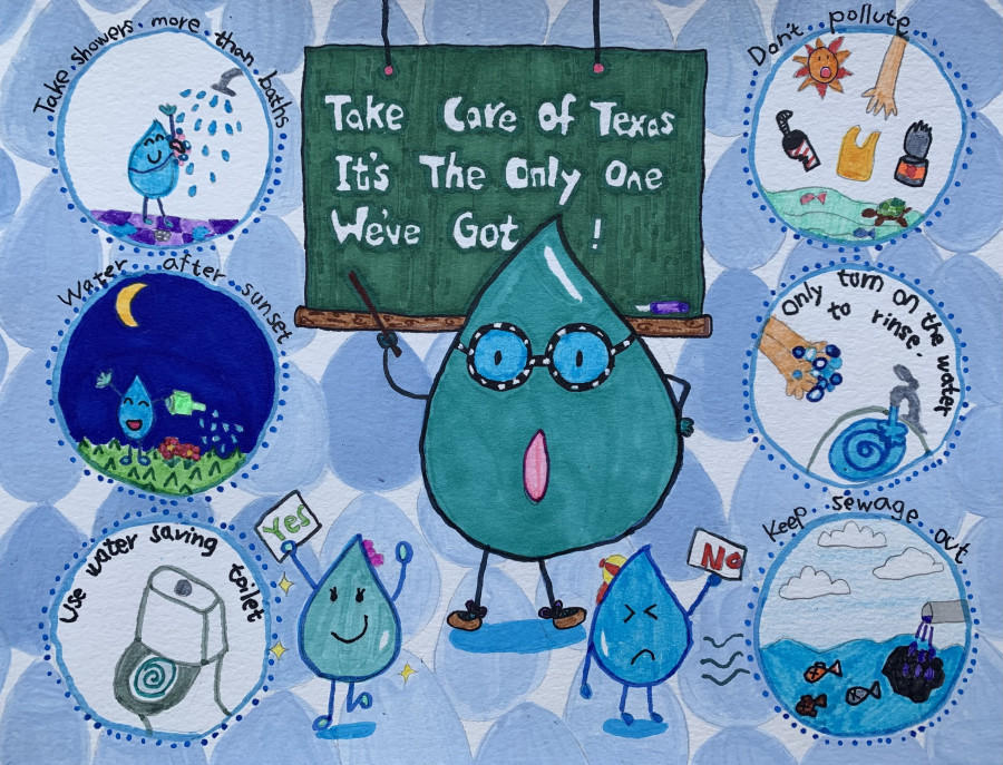 Screenshot of Phaedra Casto's winning artwork, depicting a water droplet teaching other water droplets
