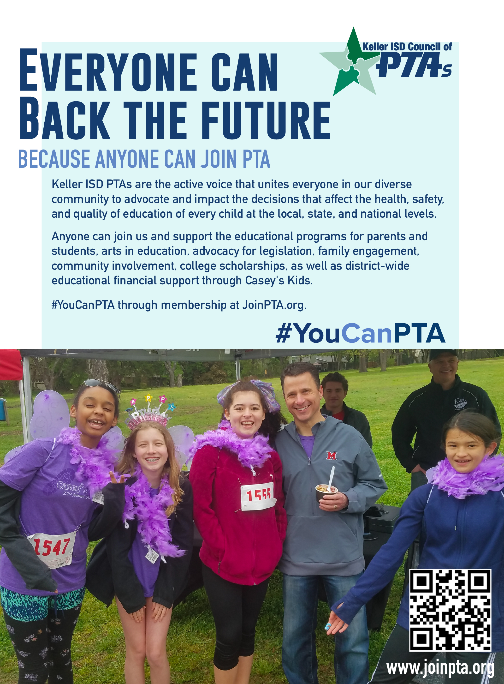 Join PTA promo ad with image of students standing with Dr. Westfall at a Casey's Kids Fun Run. Click here for readable PDF. 