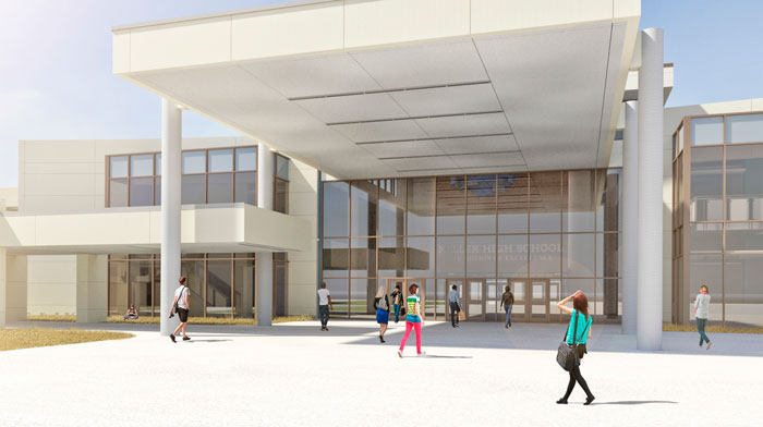 Rendering showing close up of new KHS facade awning 