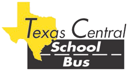 Texas Central School Bus Logo – "Texas Central" in black on top of yellow state outline. "School Bus" in white on black road 